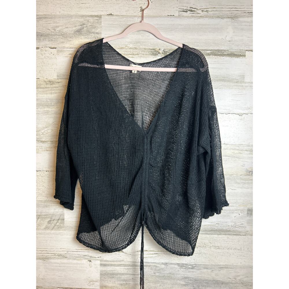 POL Women's oversized Small black fishnet 3/4 sleeve drawstring overlay top new